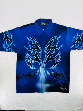 Vintage Y2K 90s Dragonfly Clothing Blue Shirt All Over Tribal Print Medium